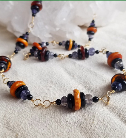 Amber, Iolite, and Onyx Necklace