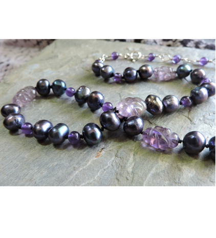 Carved Amethyst and Pearl Necklace