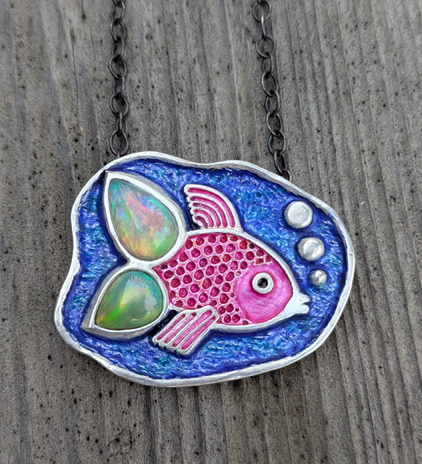 Enamel Fish Pendant with Opal