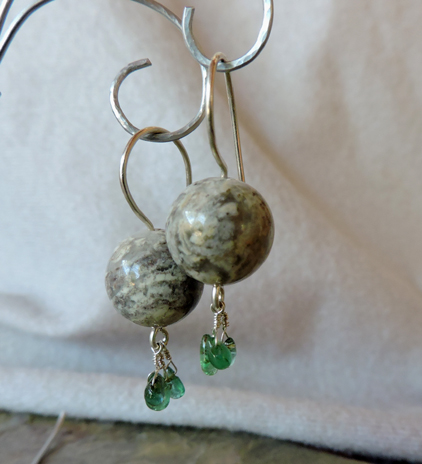 Silver Leaf Jasper and Emerald Earrings